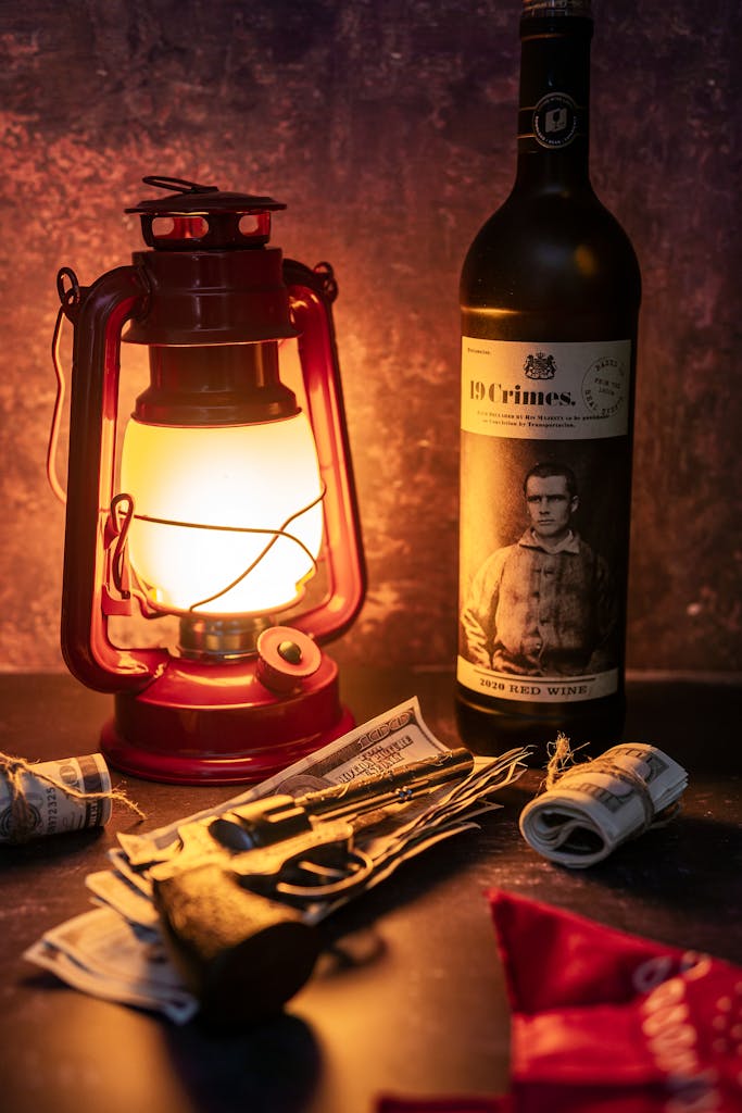 A moody still life featuring a kerosene lamp, wine bottle, and revolver in warm light.