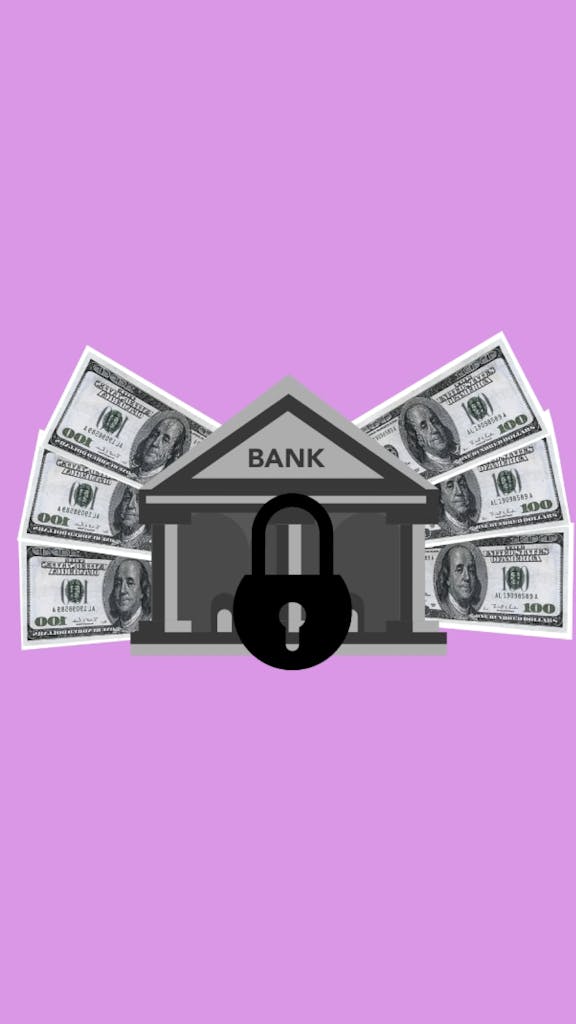 Illustration of secure banking with locked bank and currency on a purple background.